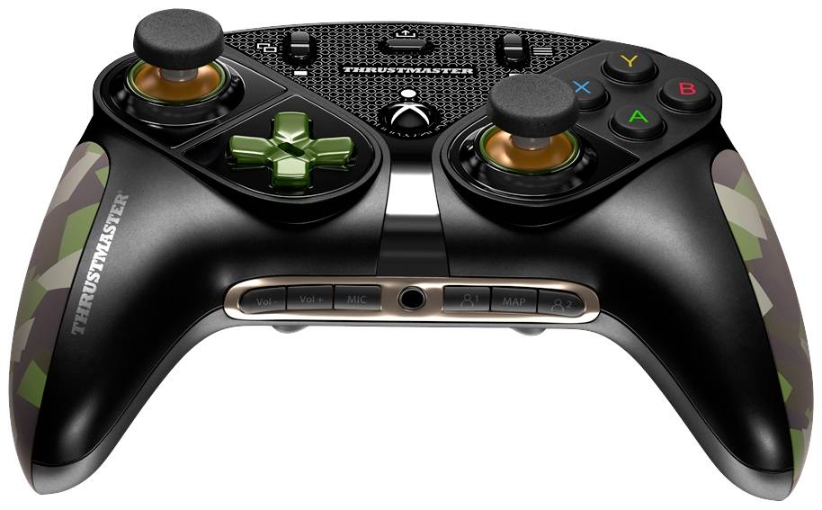 Čierny herný ovládač so zeleným smerovým krížom, farebnými tlačidlami a maskáčovým vzorom. Na hornej strane je logo značky Thrustmaster.