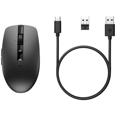 Bezdrôtová čierna myš s USB prijímačom a USB-C nabíjacím káblom.
