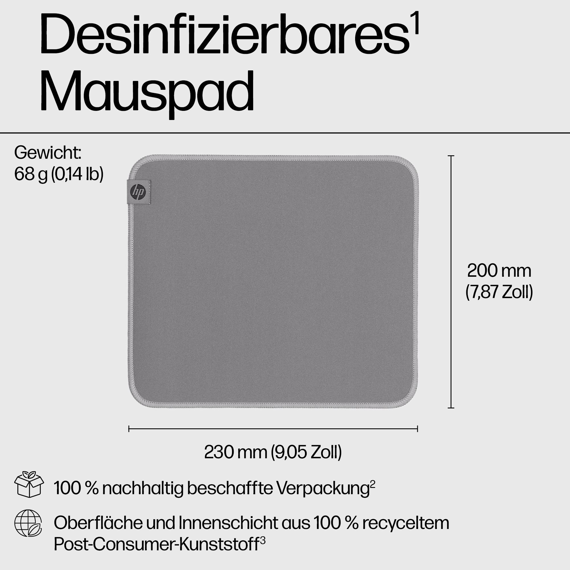Dezinfikovateľná podložka pod myš s rozmermi 230 mm x 200 mm a hmotnosťou 68 g. Vyrobená z recyklovaného plastu.
