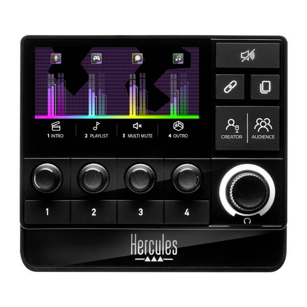 Audio mixér s piatimi regulátormi a digitálnymi displejmi pre rôzne módy. Viditeľné symboly pre hudbu, hry a streaming.