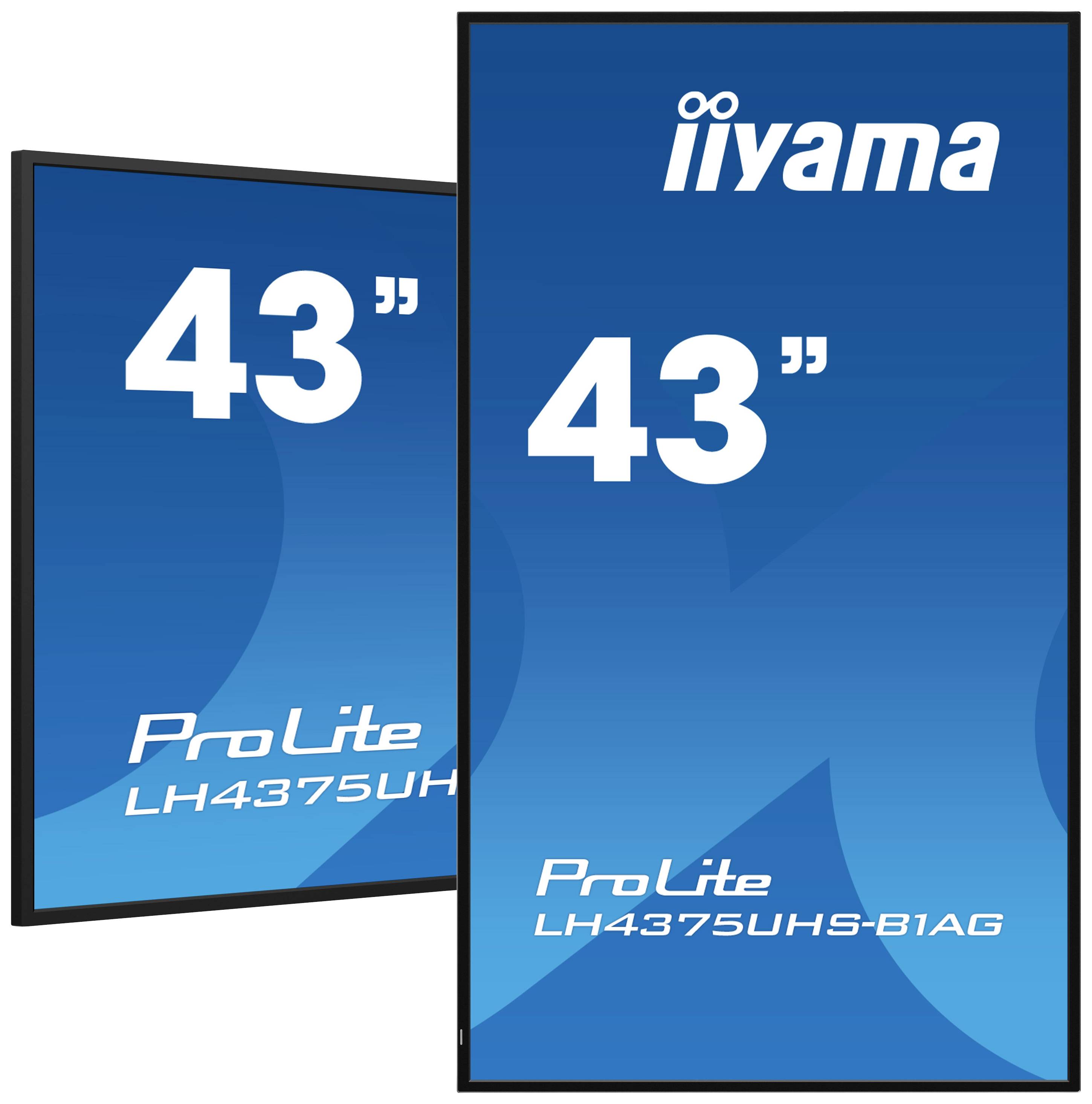 Dva monitory značky iiyama, model ProLite LH4375UHS-B1AG, s 43-palcovou uhlopriečkou obrazovky, v vertikálnej a horizontálnej orientácii.