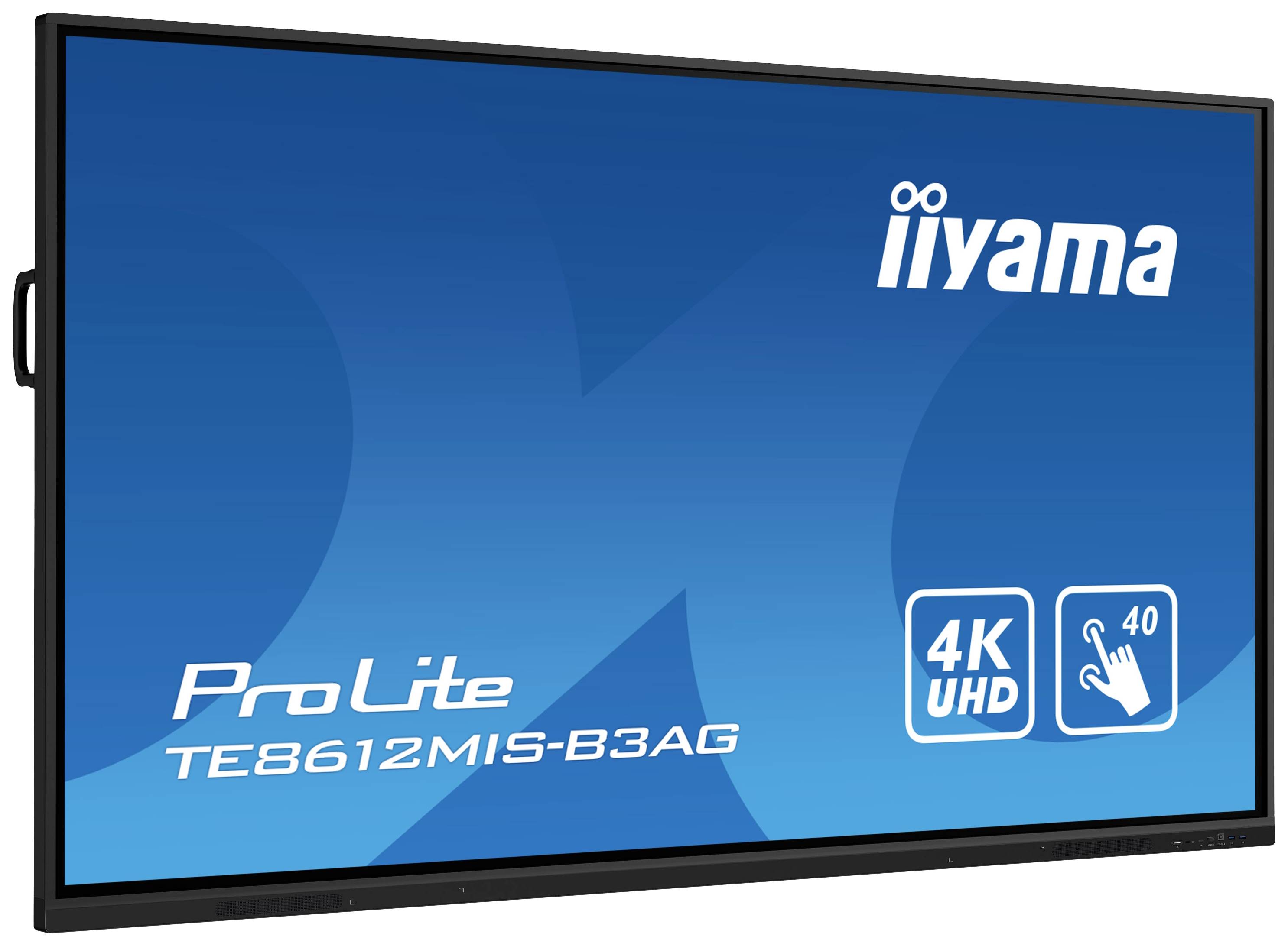 Displej ProLite TE8612MIS-B3AG od iiyama, 4K UHD, 86 palcov, modrá grafika pozadia.