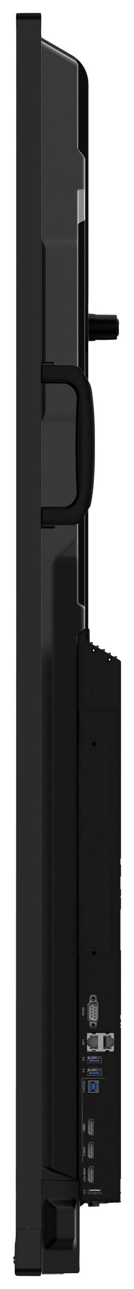 Pohľad zboku na čierny plochý televízor so zobraziteľnými prípojkami a ovládacími prvkami na zadnej strane.