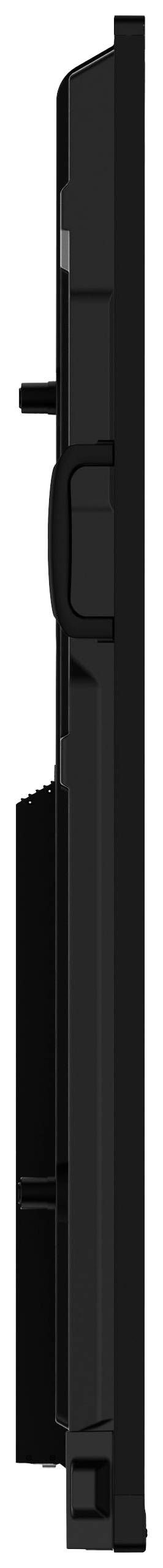 Bočný pohľad na tenké, čierne elektronické zariadenie obdĺžnikového tvaru so zaoblenými rohmi a vystupenými tlačidlami.