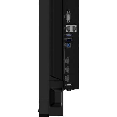 Zadná strana čierneho monitora s viacerými portami: USB, HDMI, LAN, VGA a napájanie.