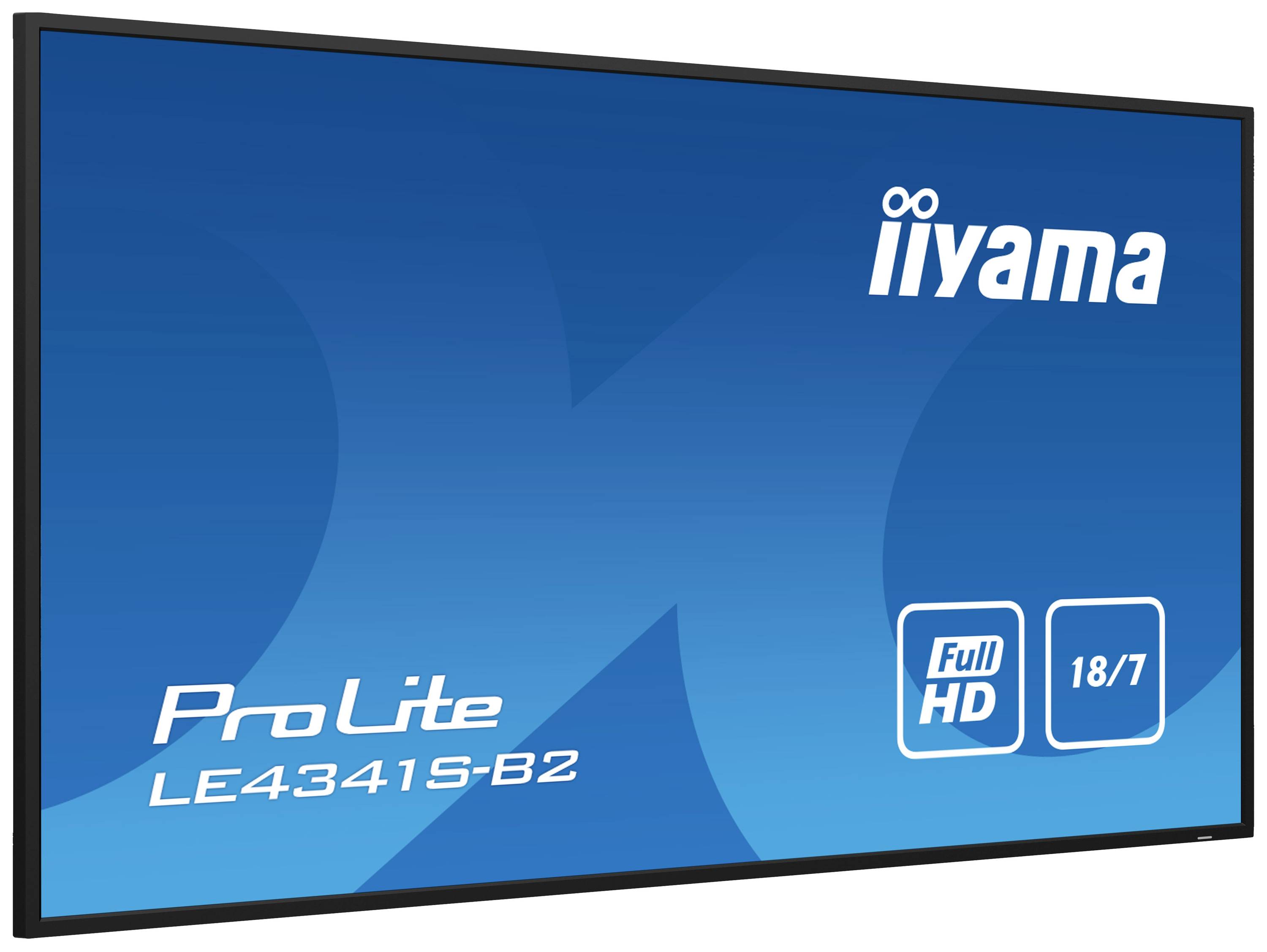 Modrý displej s nápisom 'iiyama ProLite LE4341S-B2'. Zobrazuje symboly pre Full HD a 18/7.