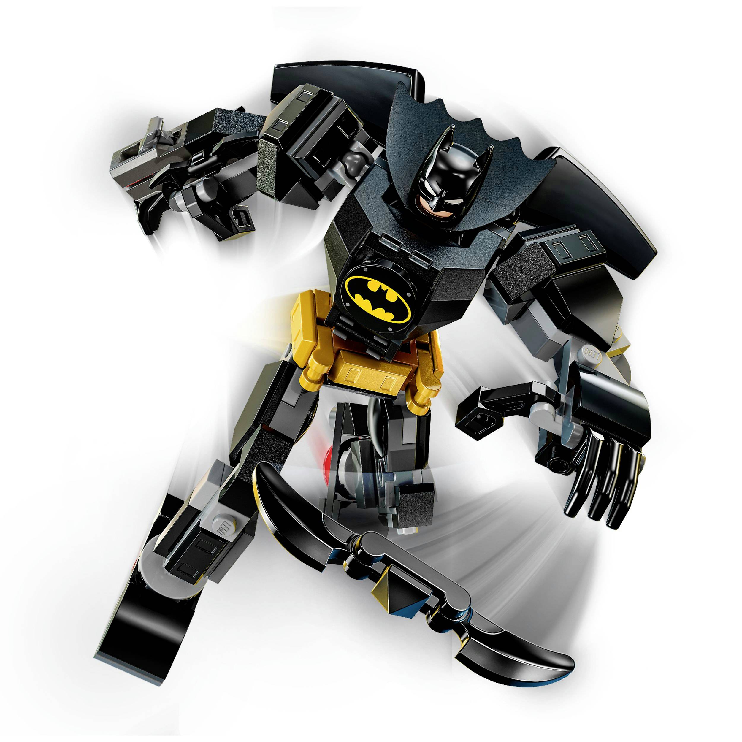 LEGO figúrka superhrdinského charakteru s čiernym plášťom a žltým opaskom, ktorá je dynamicky znázornená v akcii.
