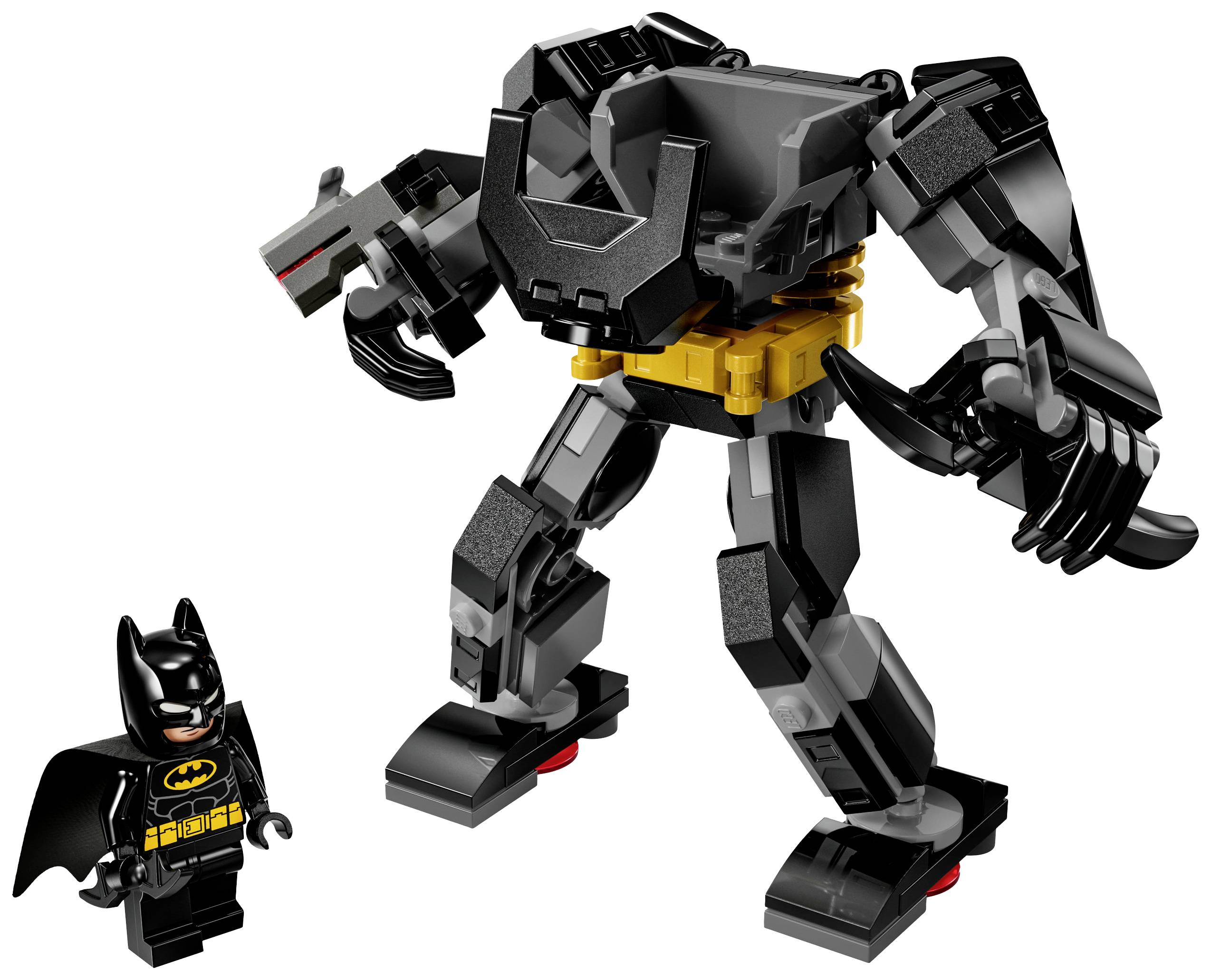 Lego hračka: Minifigúrka Batmana stojí vedľa veľkého, čierneho robotického obleku zdobeného žltými a sivými akcentmi.