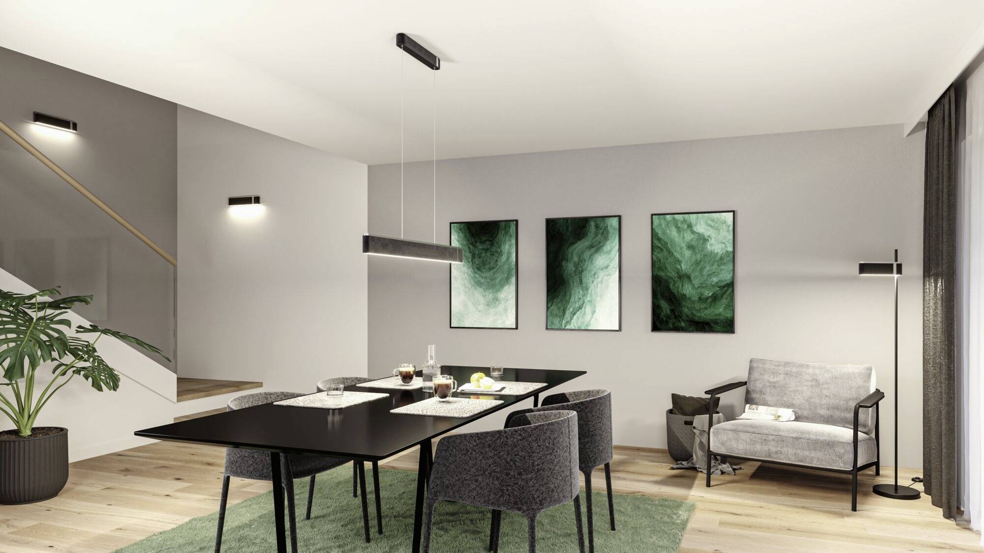 Moderná jedáleň s čiernym stolom, štyrmi sivými stoličkami a zelenou dekoráciou. Na stene visia tri zelené obrazy.