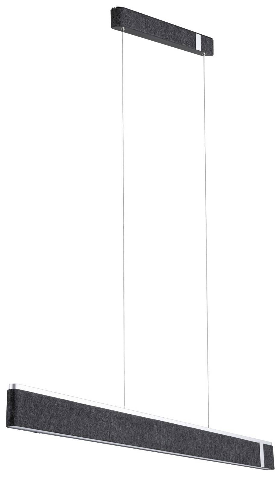 Moderná závesná lampa s obdĺžnikovým čiernym rámom a dvomi tenkými káblami, ktoré ju upevňujú na strope.