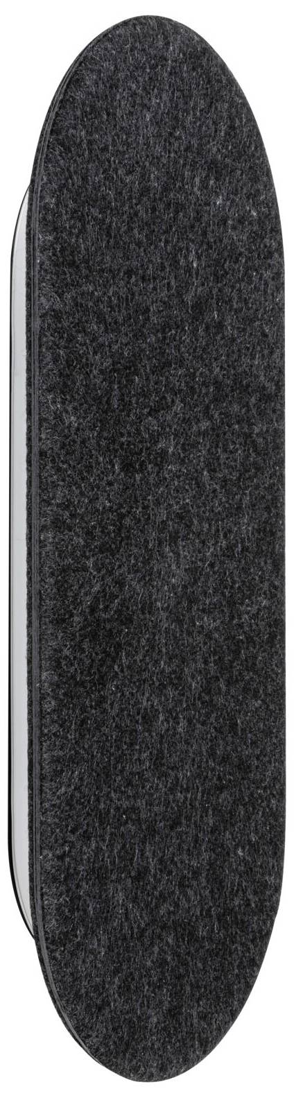 Čierna, oválna skatová doska stojaca vzpriamene, bez koliesok alebo potlače, pred bielym pozadím.