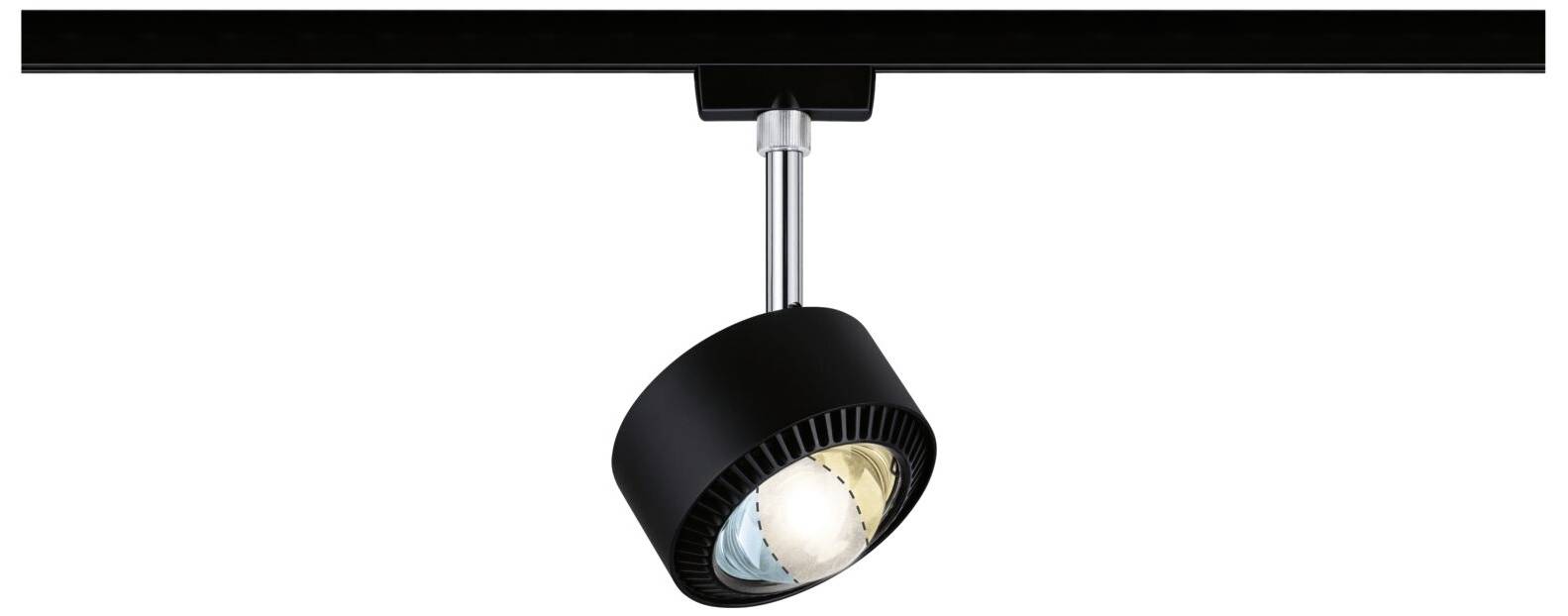 Čierny LED reflektor na koľajnicovej konzole pre vnútorné osvetlenie.