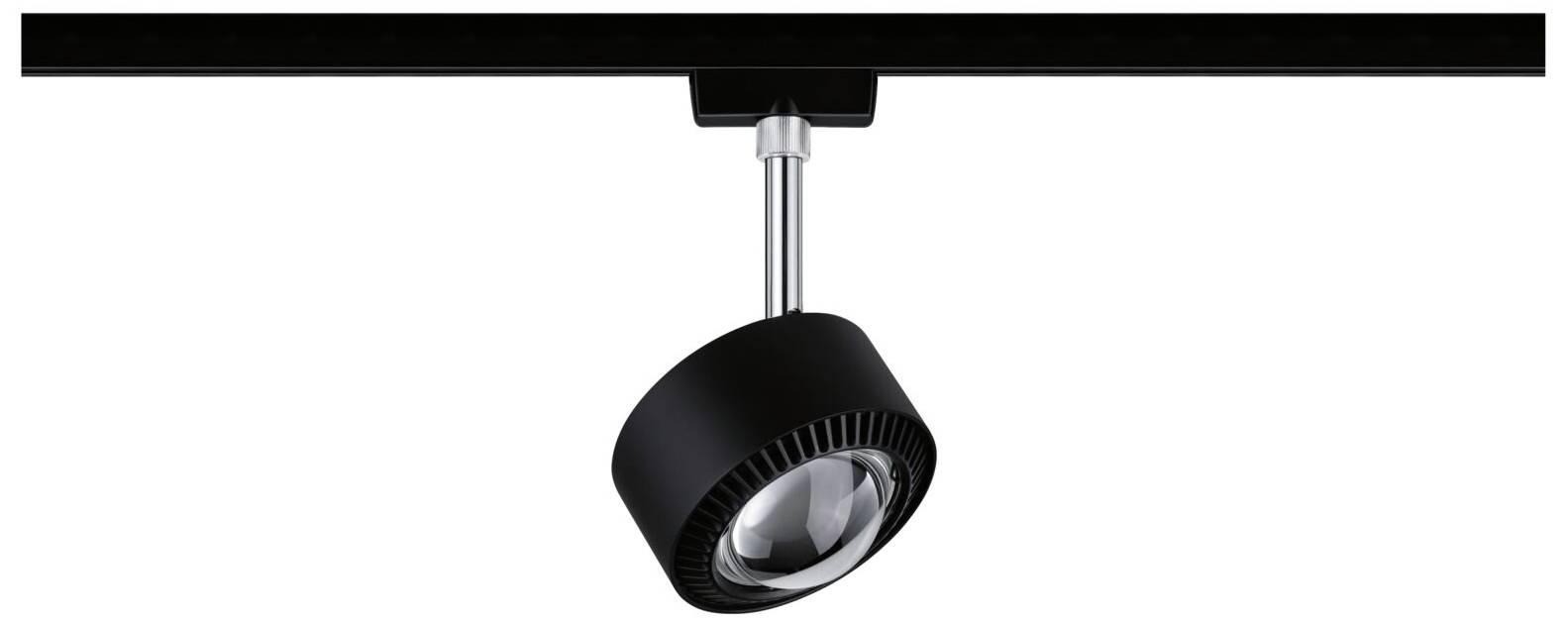 Čierna stropná bodová lampa upevnená na lište. Je navrhnutá moderne a minimalisticky.