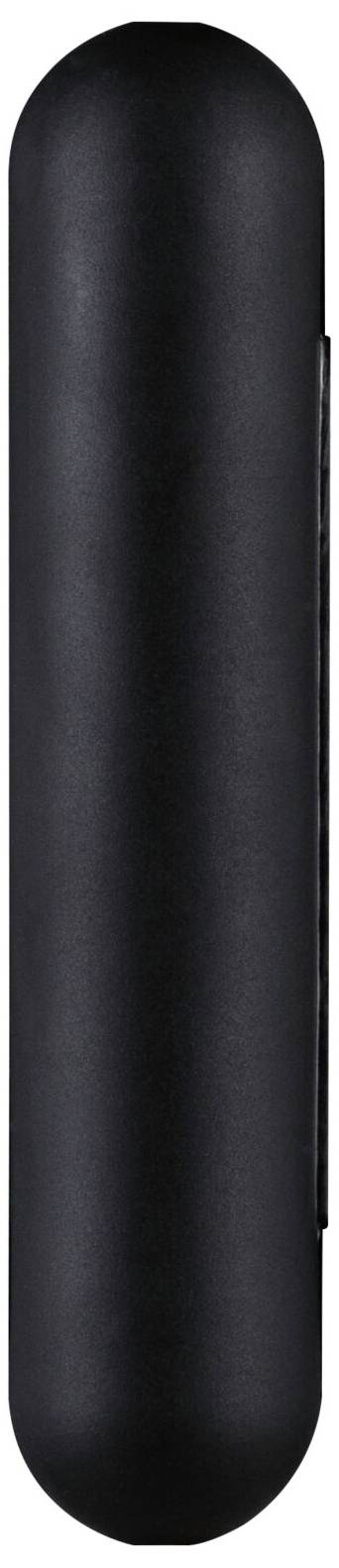 Čierny, valcovitý objekt so zaoblenými koncami stojí zvisle. Povrchová textúra je hladká.