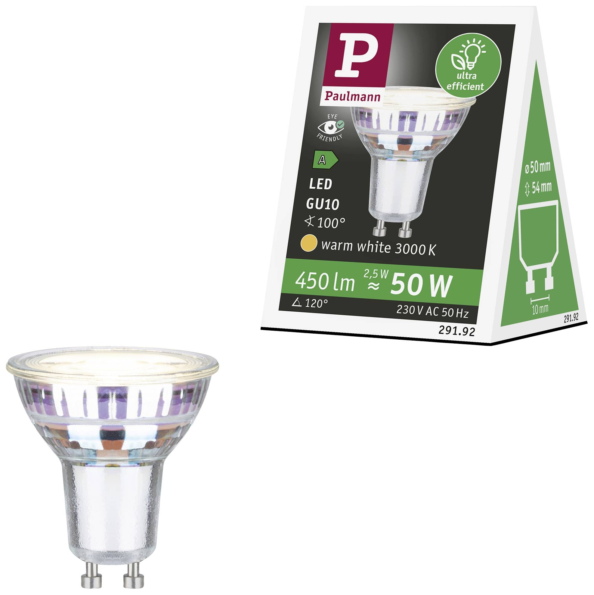 Úsporná LED žiarovka od Paulmann, GU10, 50W, 450 lúmenov, teplá biela 3000K, ekologická, uhol svietenia 120 stupňov.