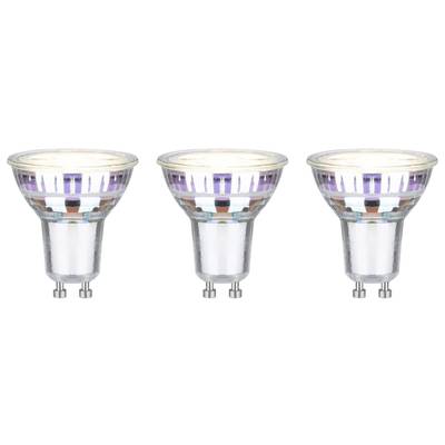 Tri LED žiarovky v rade, každá s päticou GU10, reflexnou povrchovou úpravou a priesvitným skleneným krytom.
