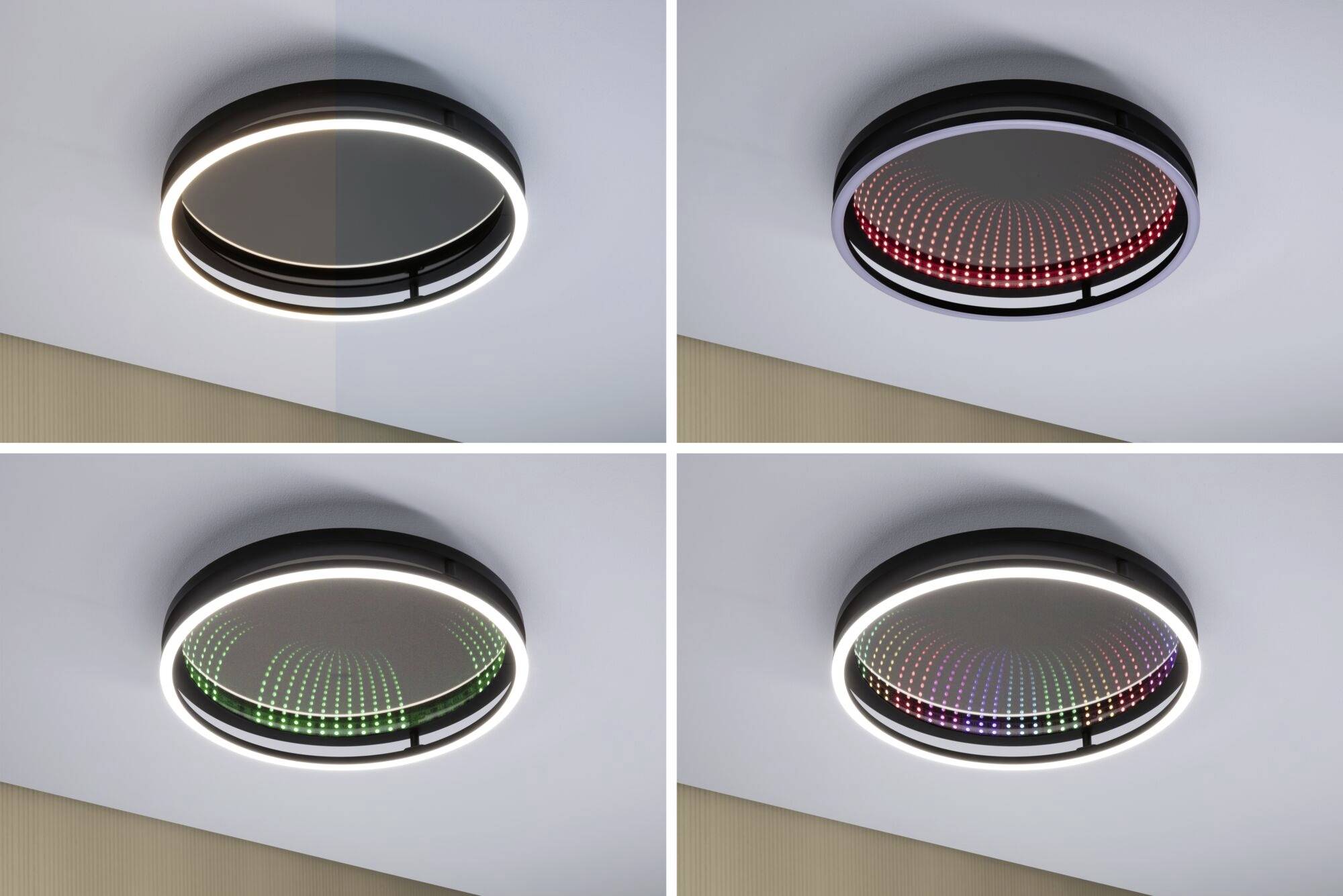 Okrúhle LED stropné svietidlo so zmeniteľnými farbami. Štyri obrázky zobrazujú rôzne svetelné módy: Biela, Červená, Zelená a Viacfarebná.