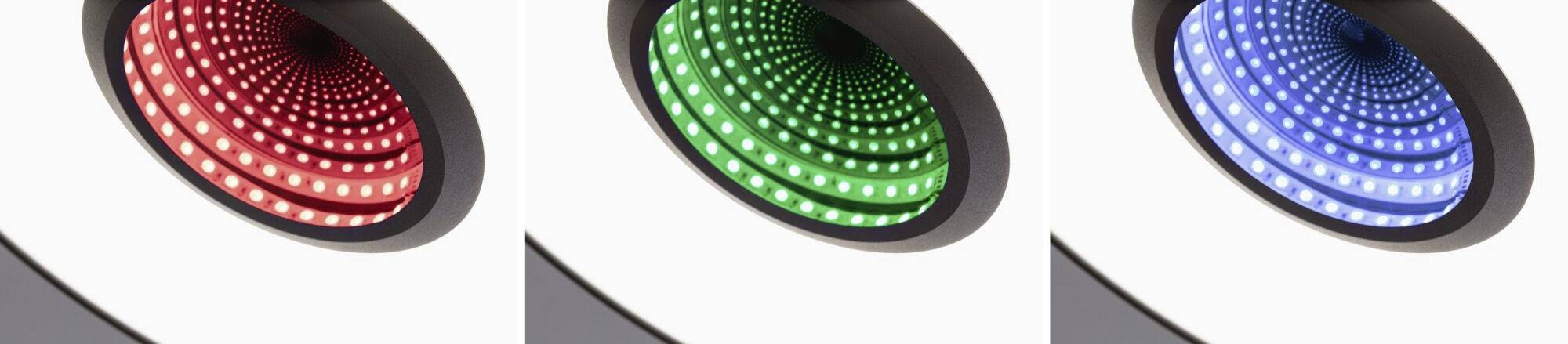 Tri svetelné prstence ukazujú červené, zelené a modré svietiace LED diódy v paralelných radoch vnútri sústredných kruhov.
