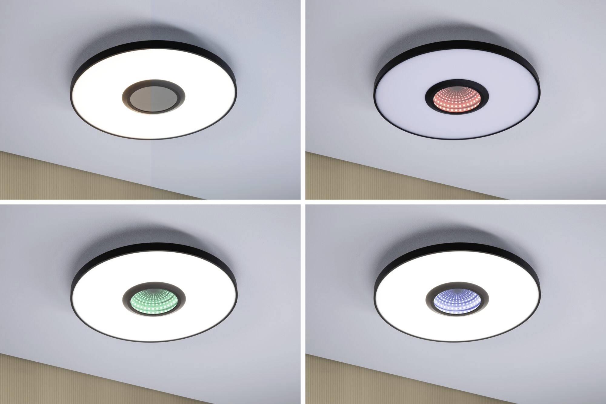 Štyri stropné svietidlá v štvorcovom usporiadaní, každé s iným odtieňom svetla: teplá biela, červená, zelená, modrá.