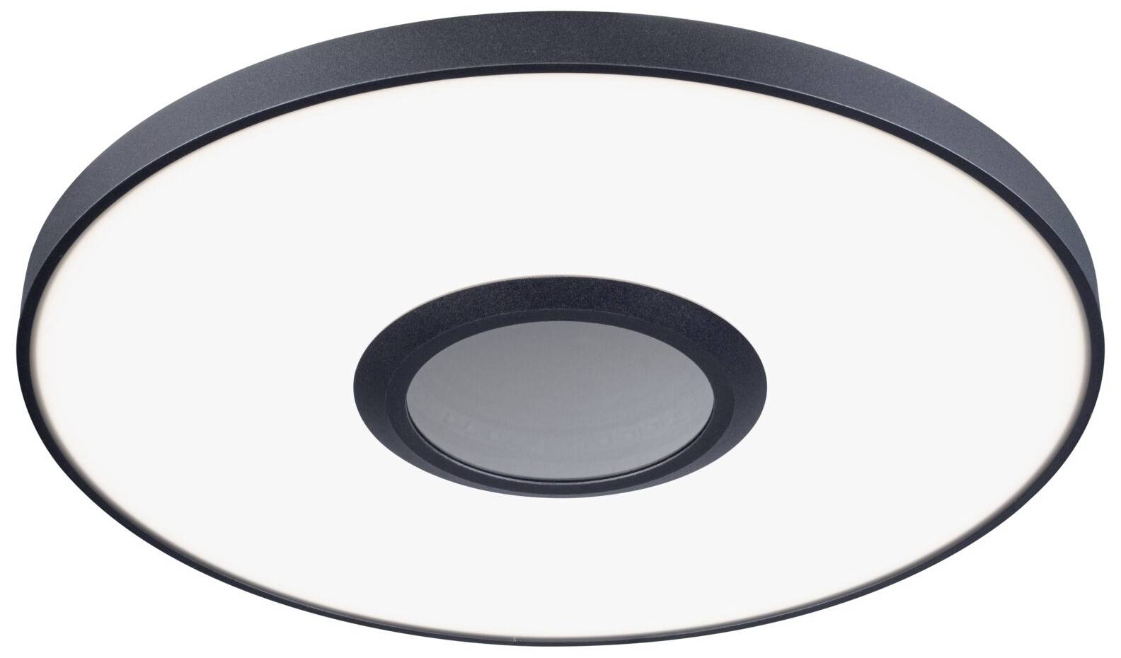 Okrúhle stropné svietidlo s čiernym lemom a centrálnym senzorom, moderného dizajnu. Ideálne pre kancelárske osvetlenie.