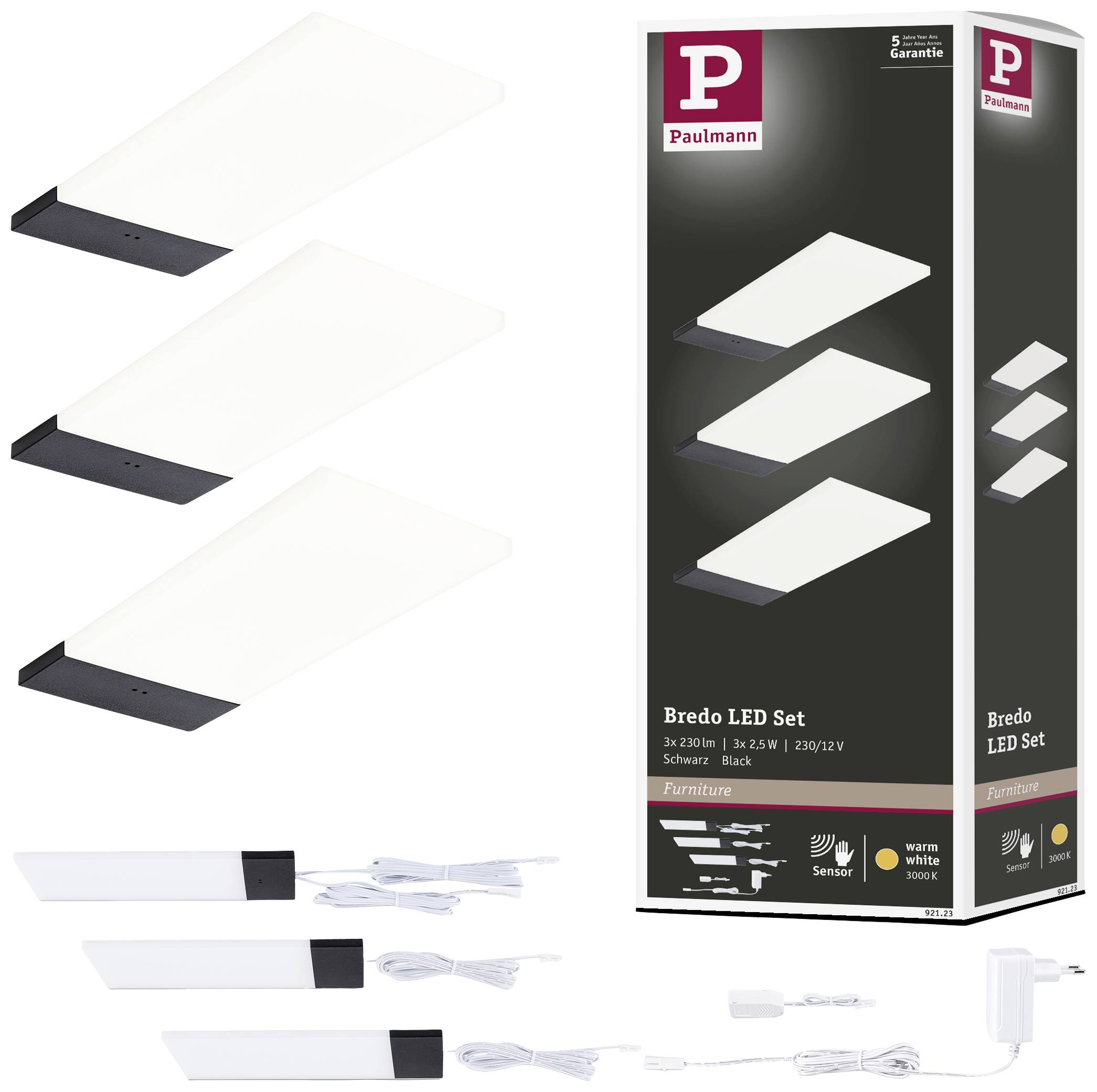 Balenie LED súpravy Paulmann Bredo s 3 bielymi LED svetlami, senzorovým spínačom a napájacím adaptérom. Vhodné pre montáž na nábytok.