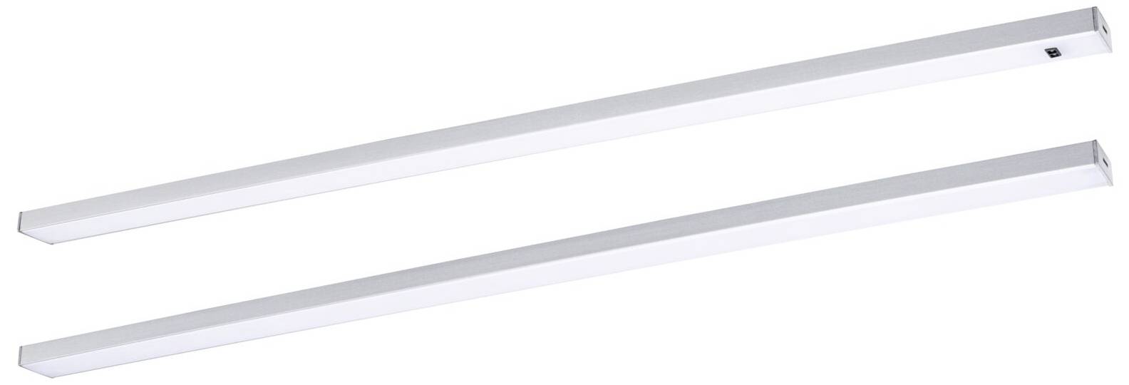 Dve dlhé, biele LED trubice umiestnené rovnobežne vedľa seba, bez viditeľných upevnení alebo dekorácie.