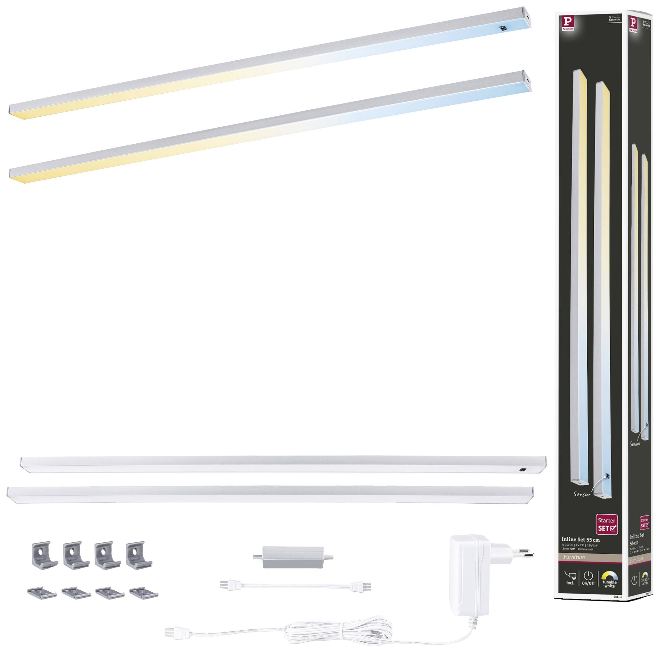 Dve LED svetelné lišty s teplým a studeným svetlom, montážne príslušenstvo, kábel a napájací zdroj, obal zobrazuje obrázok produktu a špecifikácie.