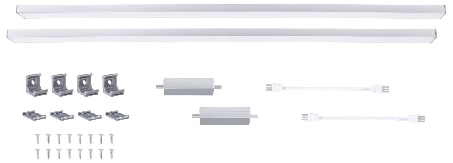 LED-osvetľovacia sada s dvoma svetelnými lištami, štyrmi držiakmi, dvoma prepájacími káblami a montážnymi skrutkami. Ideálne pre nábytok.