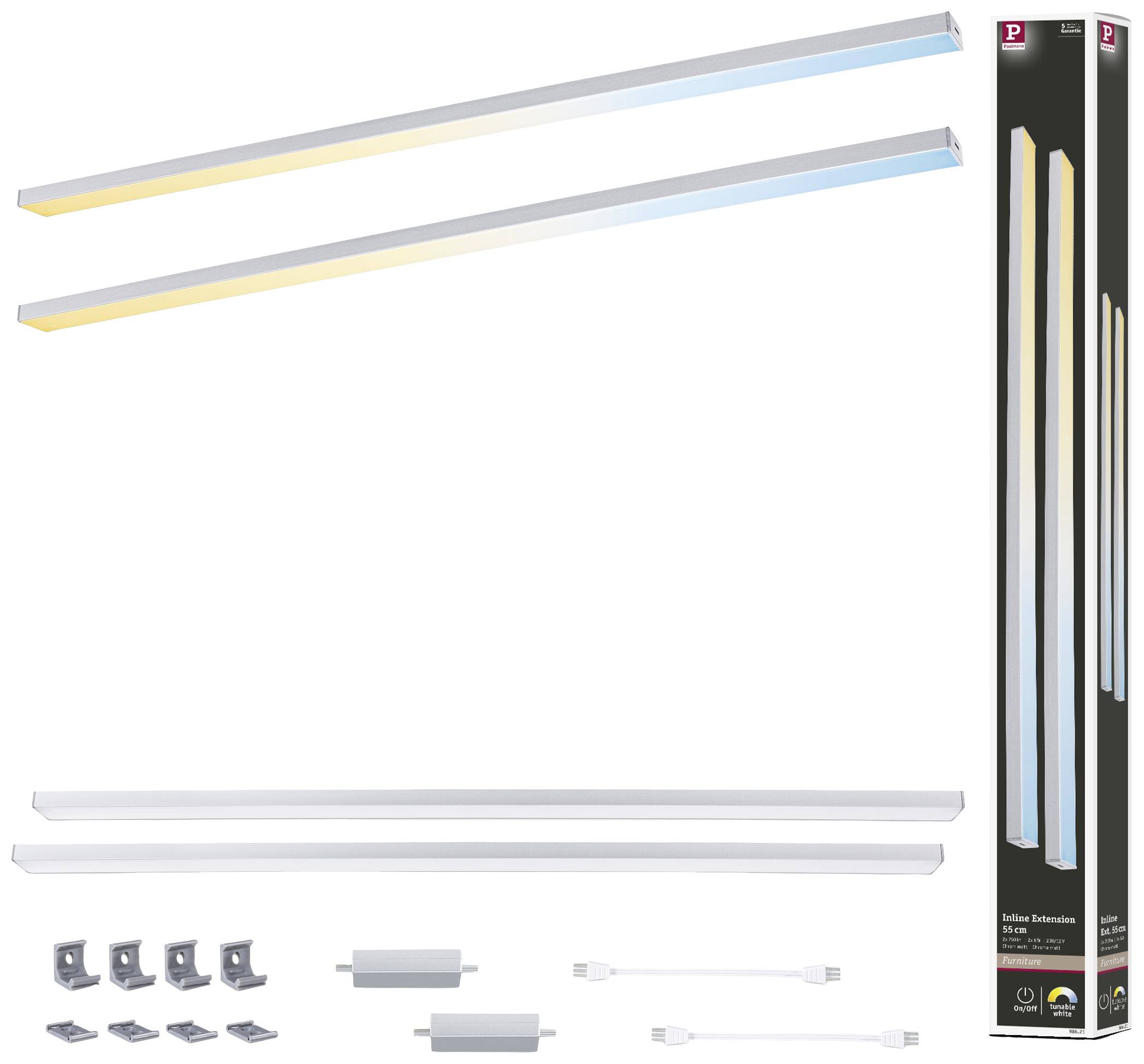 Dve LED lišty v žltej a modrej farbe, montážne príslušenstvo, káble a balenie. Ideálne pre dekoratívne osvetlenie.