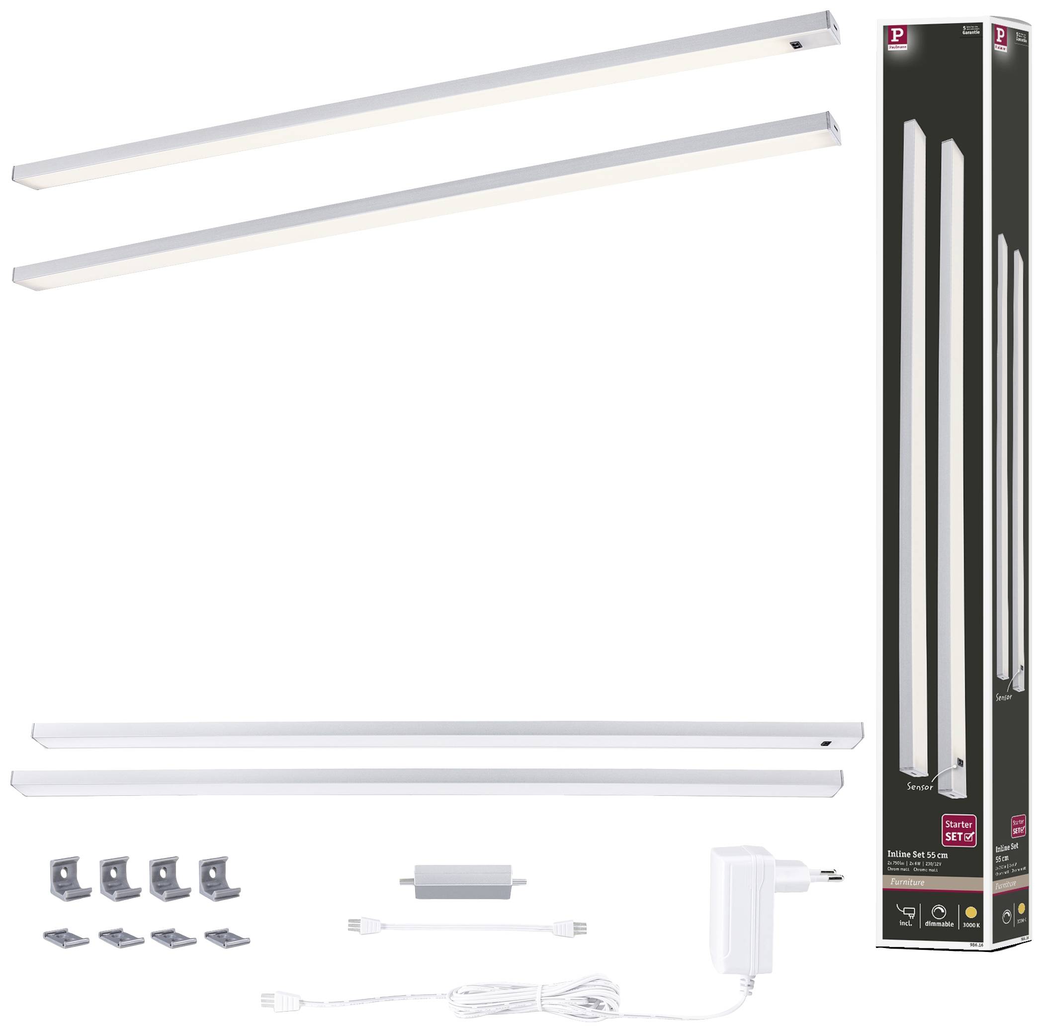 Sada LED svetelnej lišty, ktorá obsahuje dva dlhé LED pásy vrátane príslušenstva ako sú montážne držiaky, napájací zdroj a káble. Balenie je viditeľné.