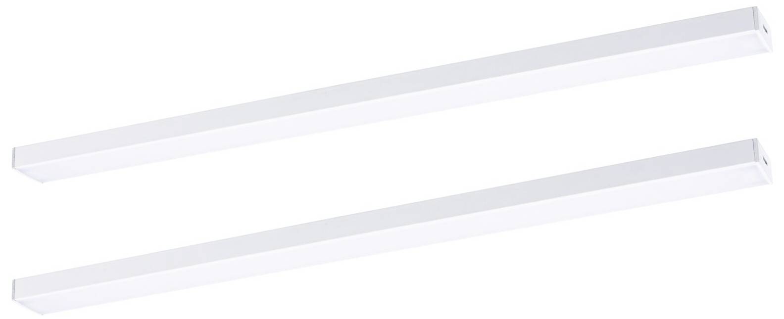 Dve dlhé, úzke, biele LED svietidlá obdĺžnikového tvaru, umiestnené vedľa seba. Sú vhodné na montáž na strop.