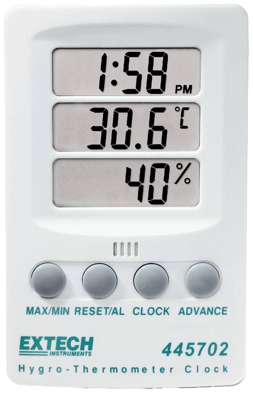 Digitálny teplomer s displejom: 13:58, 30,6 °C a 40 % vlhkosť vzduchu. Pod ním štyri tlačidlá pre nastavenia.