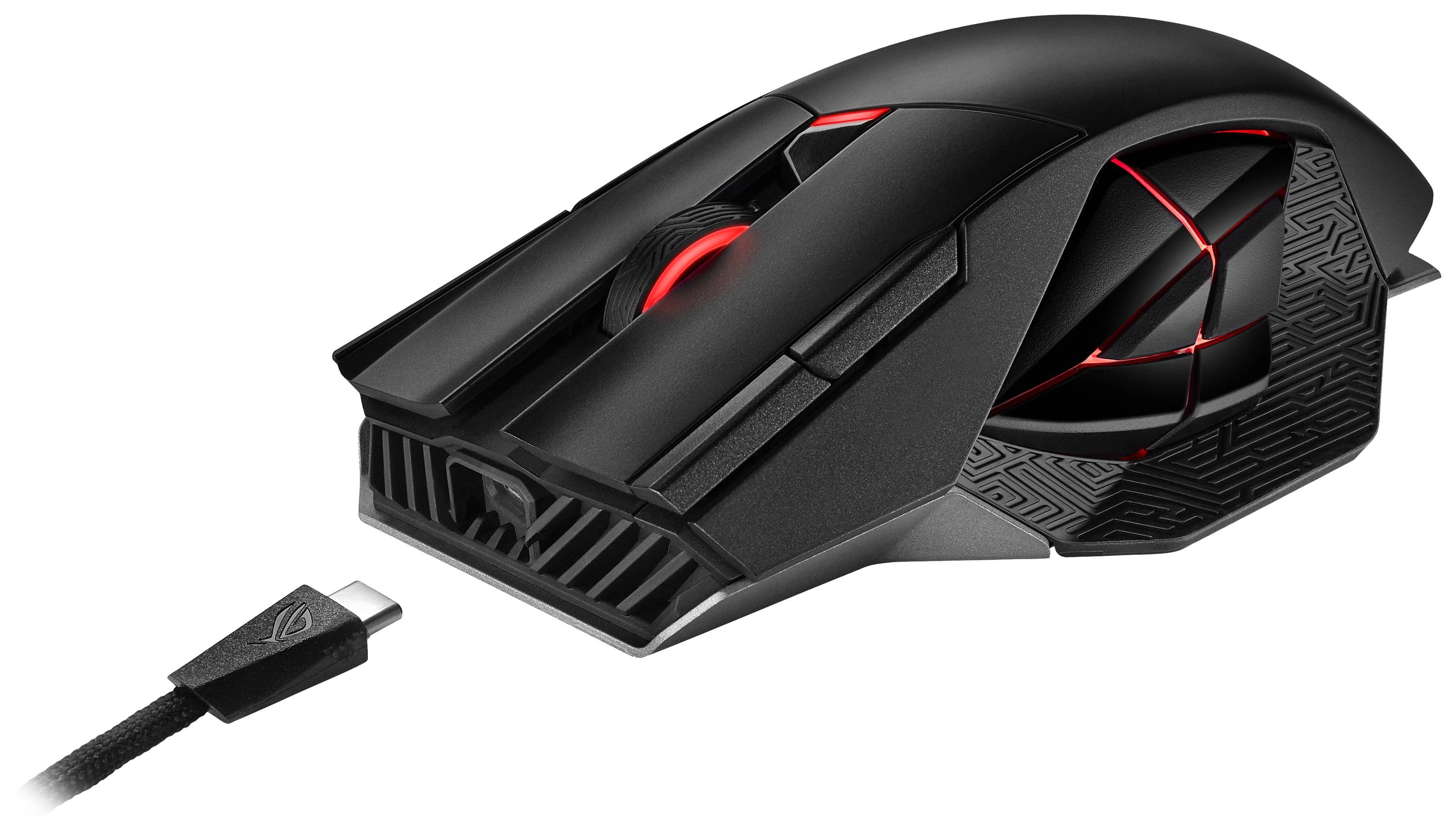 Čierna herná myš s červeným podsvietením a USB-C káblom. Má ergonomický dizajn a moderný vzor.