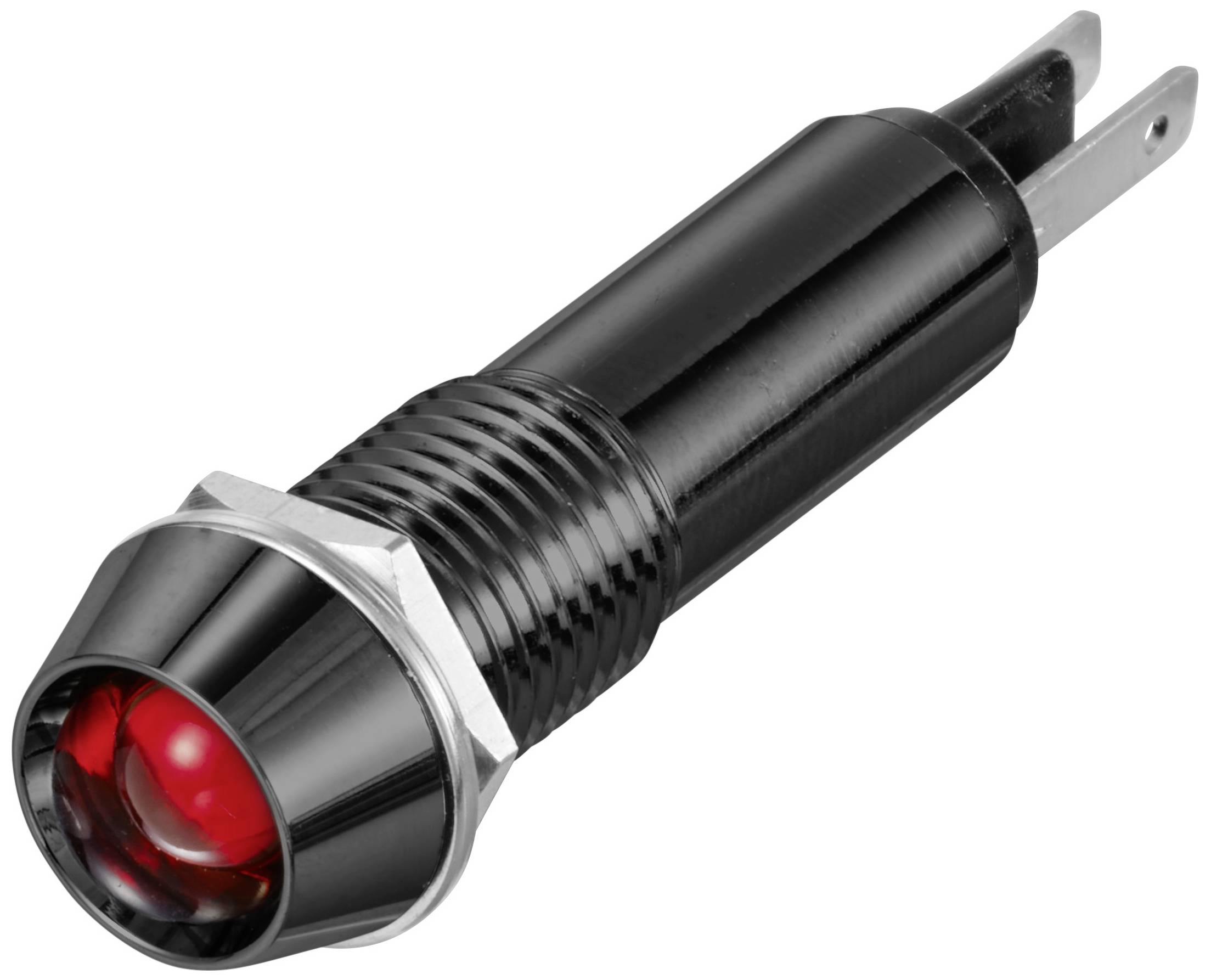 Čierna LED signalizačná lampa s červeným svetlom, valcovitého tvaru, so striebornou šesťhrannou maticou a dvoma kovovými koncovkami.