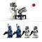 Tri modré a tri biele Lego figúrky v sci-fi oblečení; jedna biela figúrka strieľa z kanónového modelu.