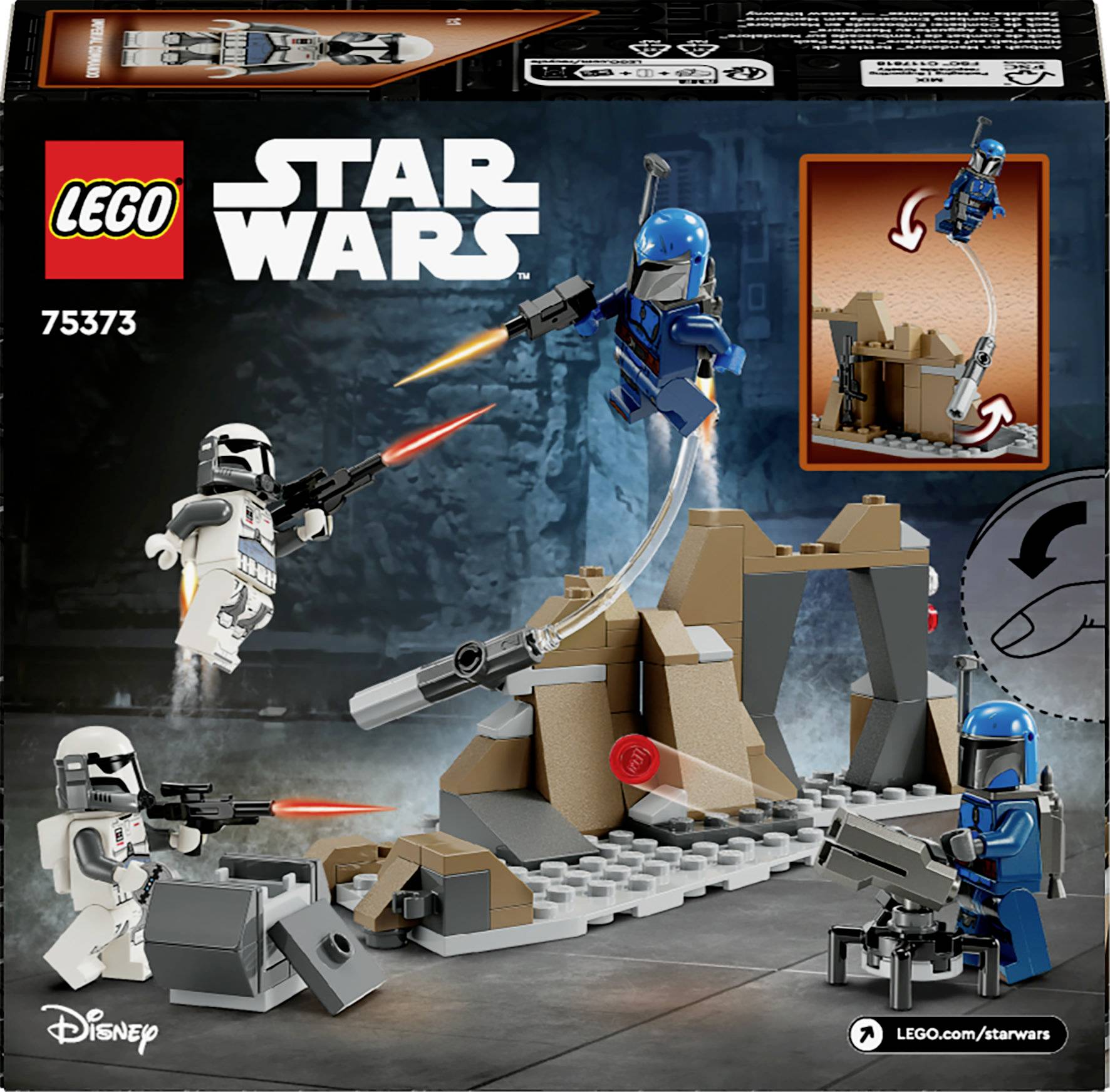 LEGO Star Wars stavebnica so súpravou figúr v bojovej scéne na skale. Dvaja charakteri strieľajú, jeden skáče. Číslo súpravy 75373.