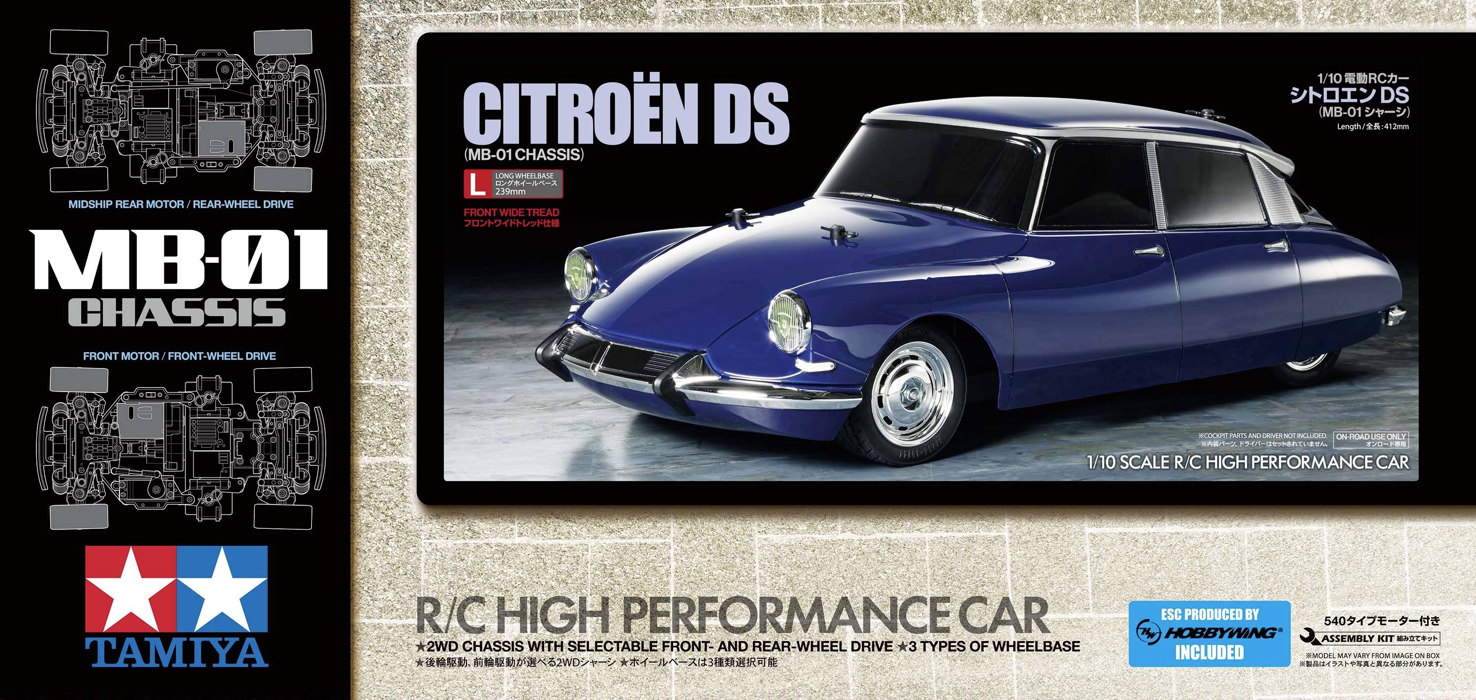 RC model auta Citroën DS od Tamiya v mierke 1:10 na podvozku MB-01, s modrou karosériou znázornenou na obale.