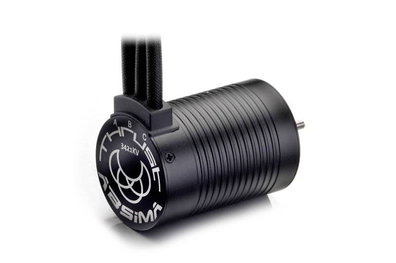 Čierny elektromotor s logom značky. Tri káble sú usporiadané hore. Vhodný pre diaľkovo ovládané vozidlá.