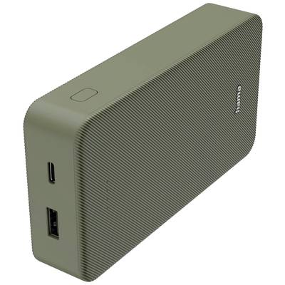 Obdĺžniková, olivovozelená powerbanka s USB a USB-C portami, s malým tlačidlom na hornej strane.