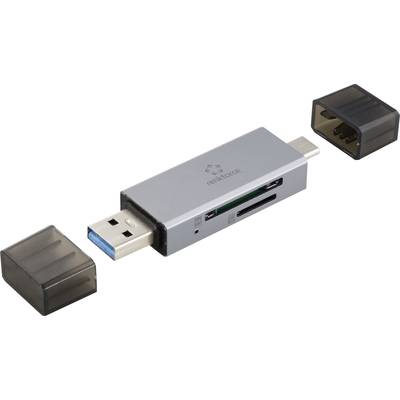 Čítačka kariet USB s dvoma plastovými krytkami, konektorom USB-A a USB-C, ako aj so sloťami pre SD a MicroSD karty.
