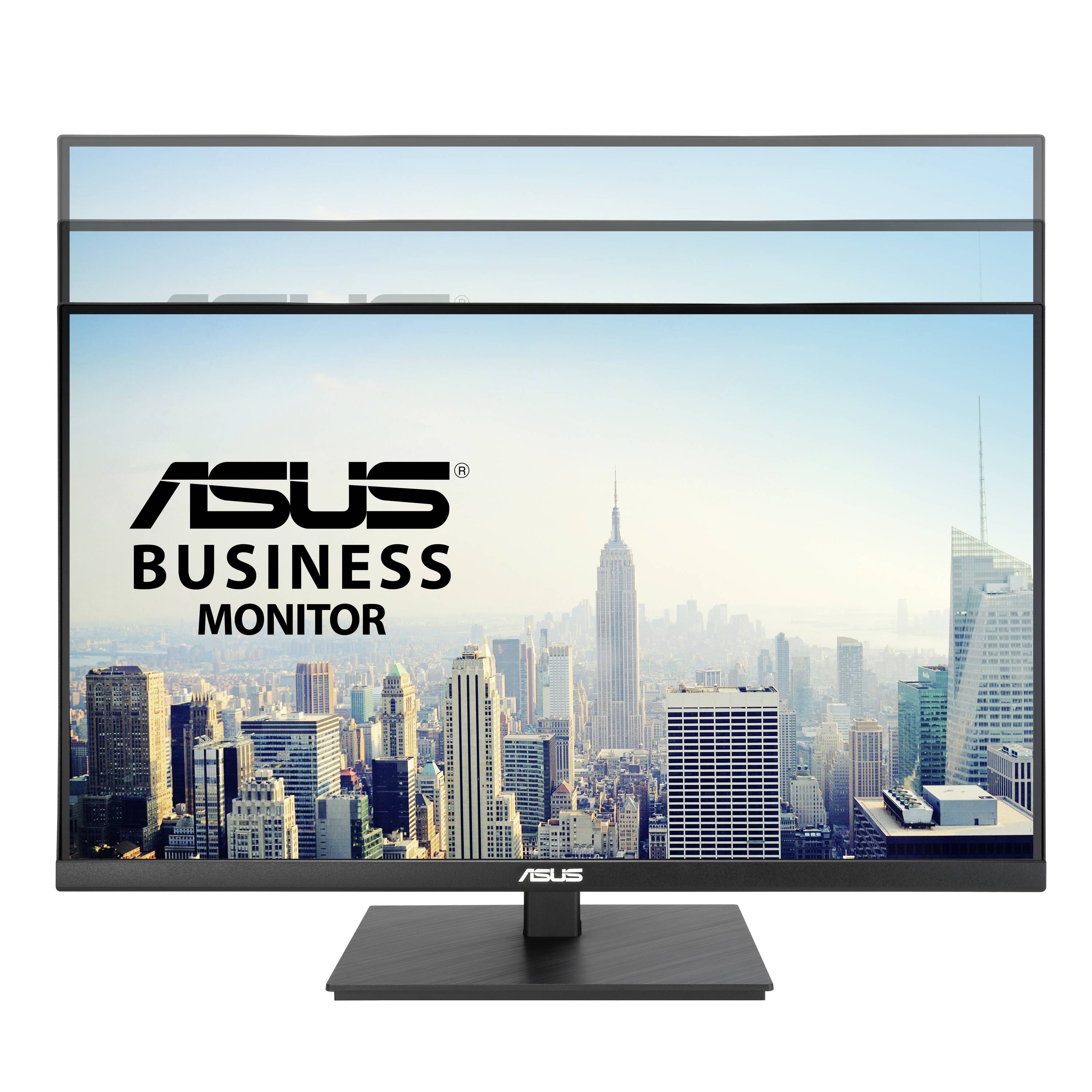 Obchodný monitor ASUS zobrazuje jasnú mestskú krajinu s vysokými budovami v pozadí, vrátane Empire State Building.