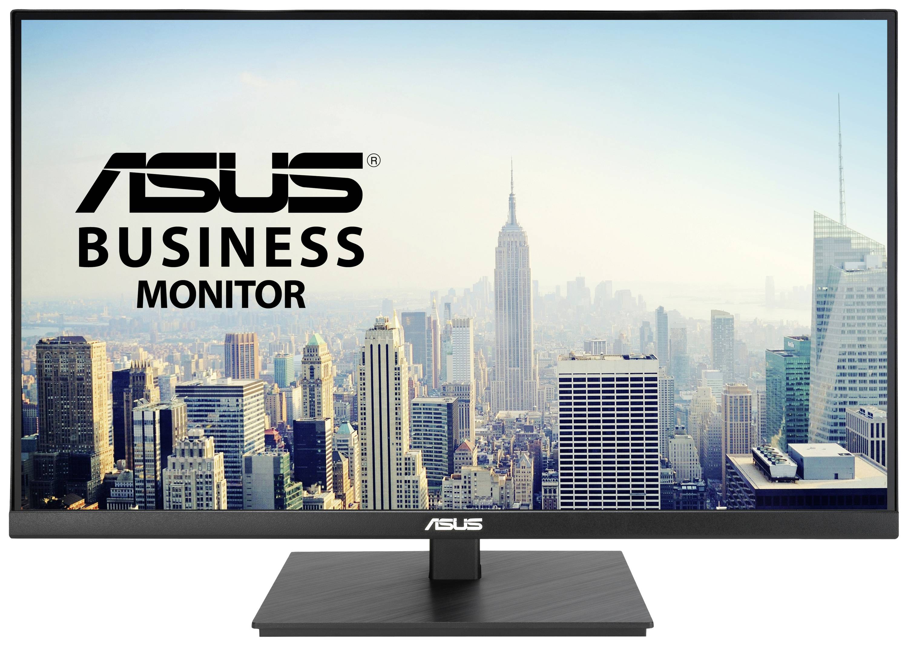 Firemný monitor ASUS zobrazuje mestský pohľad s mrakodrapmi a jasnou panorámou v pozadí.