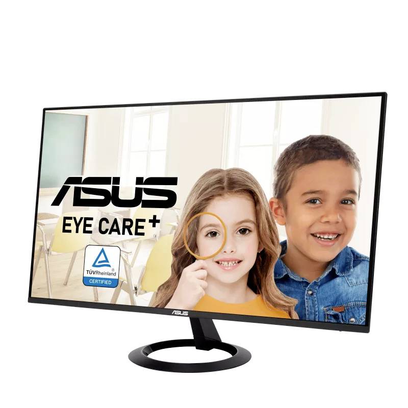 Obrázok zobrazuje monitor značky Asus s certifikačným symbolom TÜV Rheinland a usmievajúcim sa chlapcom a dievčaťom v pozadí.