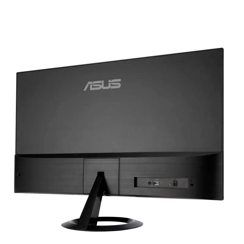 Zadný pohľad na čierny monitor s logom ASUS v hornej časti a okrúhlou podstavou. Konektory sú viditeľné v pravom dolnom rohu.