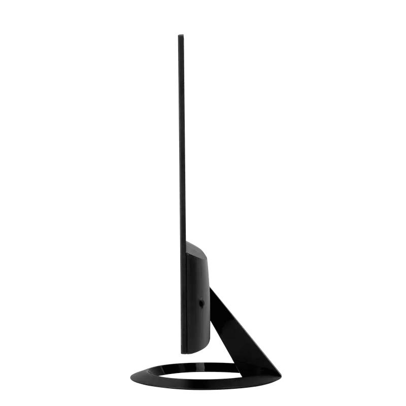 Pohľad z boku na moderný, štíhly monitor s tenkým rámom a elegantným stojanom.