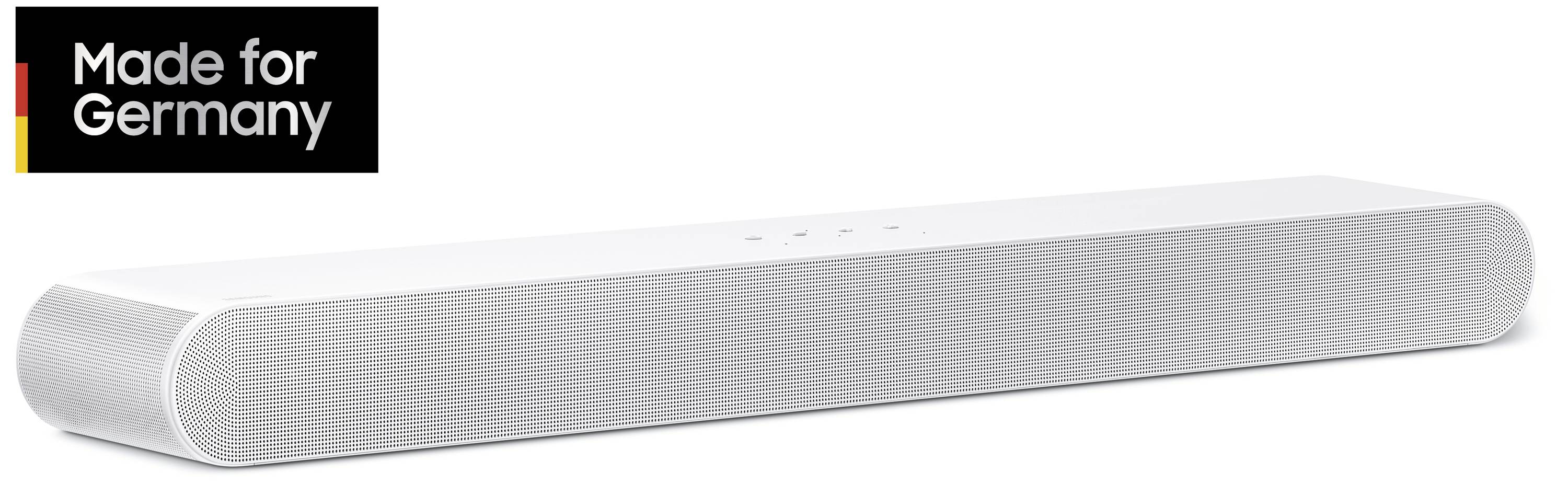 Biela soundbar s minimalistickým dizajnom, propagovaná sloganom 'Made for Germany' v ľavom hornom rohu.
