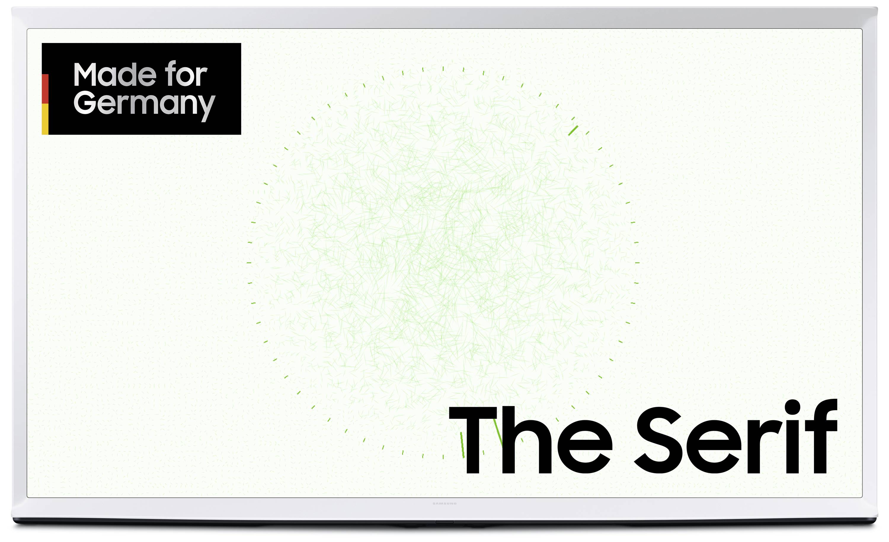 'Made for Germany' Logo v ľavom hornom rohu. Na bielom pozadí je v pravom dolnom rohu veľkým čiernym písmom napísané 'The Serif'.