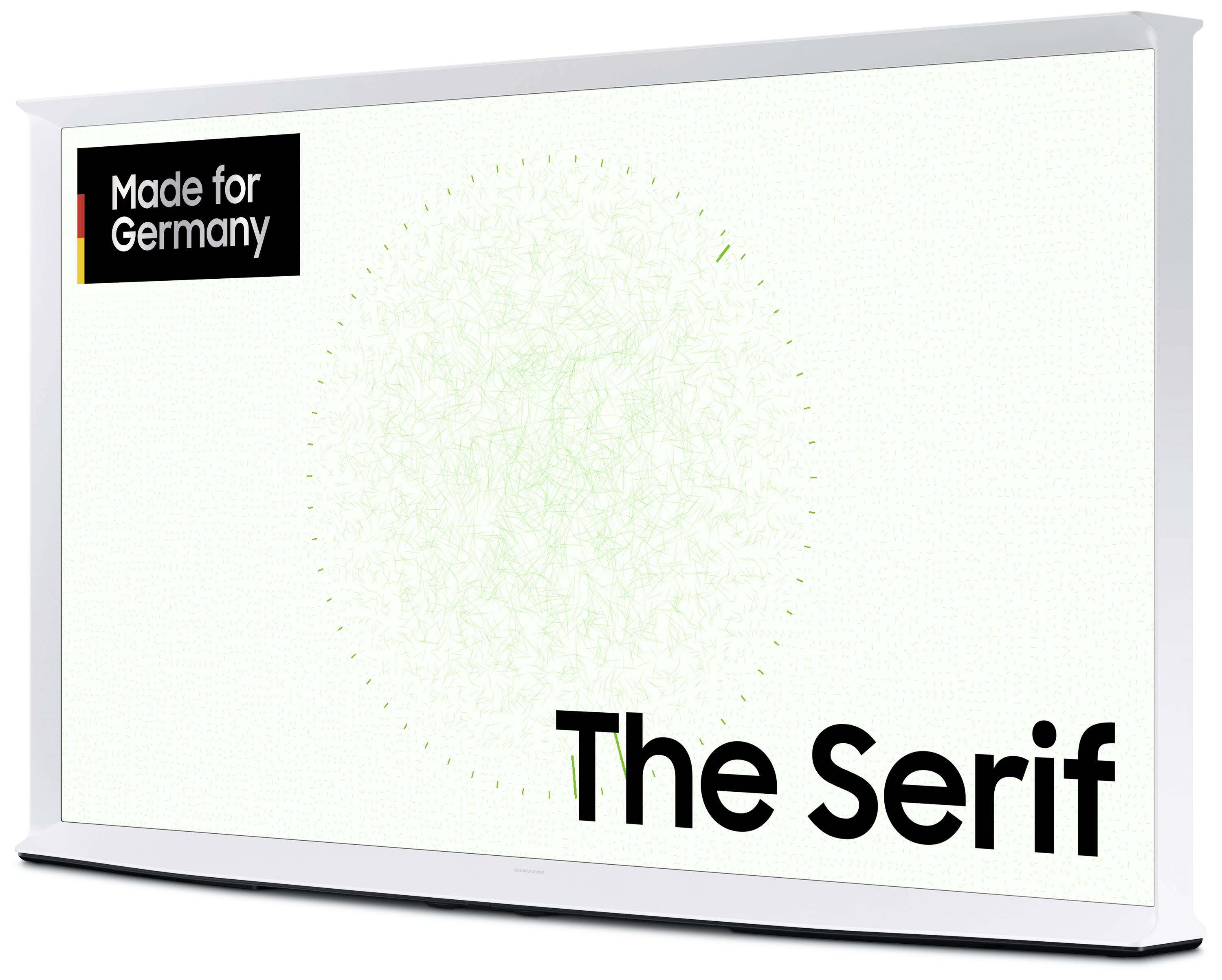 Plochá TV obrazovka s nápisom 'The Serif' a 'Made for Germany', minimalistický dizajn.