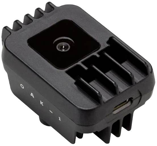 Čierna elektronická kamera so štvorcovým krytom, označená nápisom 'OAK-1'.