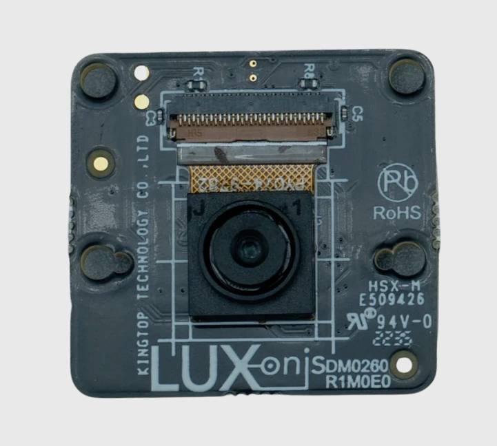 Kamerový modul 'Lux-on' od spoločnosti Kingtop Technology Co. so sériovými číslami a symbolmi zhody s RoHS a technickými špecifikáciami.